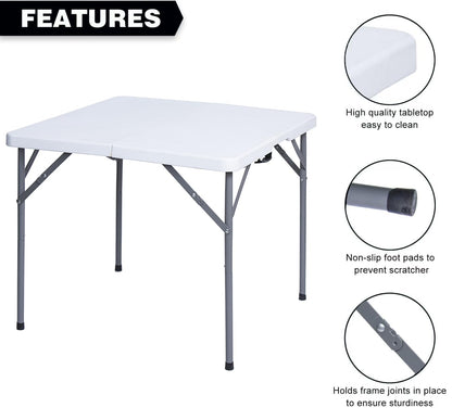 Lakhow 34" Square Folding Table, Fold-in-Half Utility Dining Portable Table Heavy Duty HDPE Plastic Foldable with Carrying Handle Indoor Outdoor for Picnic, Party