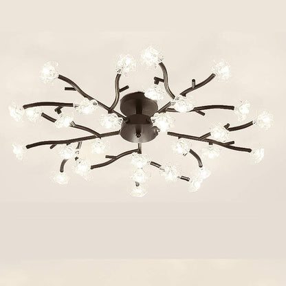 EUUDROBY Creativity Crystal Ceiling Light Fixture Nordic Tree Branch elier Painted Iron Finish Pendant Light Indoor Home Modern Simple Hanging Ceiling Lamp, 30 Lights, Black