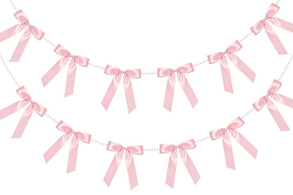 2 Strings Pink Bow Garland Banner, Pre-Strung Satin Ribbon with 6.5ft Pearl Chain for Coquette Birthday, Bridal Shower, Bachelorette Party, Baby Shower, Engagement, Graduation & Anniversary Decor