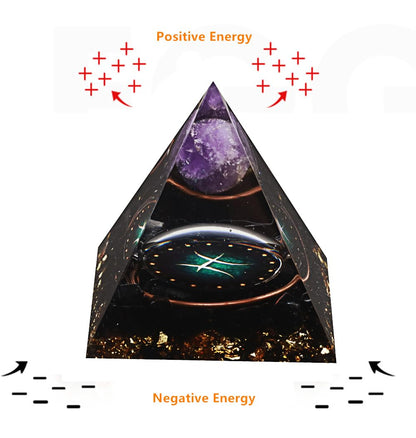 12 Zodiac Orgone Crystal Pyramid, Natural Amethyst with Obsidian,Healing Crystals Pyramid for Protection Chakra, Unique Constellation Pyramid for Positive Energy, Healing Money Health(Pisces)