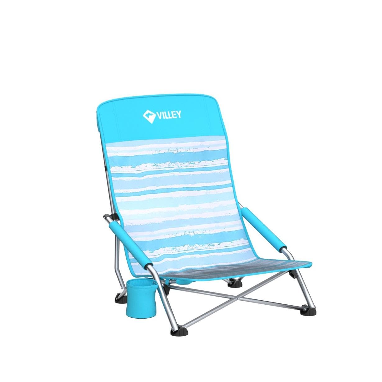 VILLEY Low Beach Chairs for Adults 2 Pack, High Back Folding Beach Chairs, Lightweight and Portable for Outdoor, Beach, Camping, Lawn, Music Festival, with Cup Holder and Carry Bag-Blue Stripes