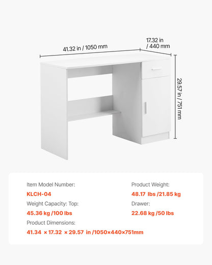 VEVOR Small Desk with Drawer, Kids Desk for Bedroom, Wooden Simple Study Table for Drawing, Reading, Writing, Rectangle MDF Study Storage Table with Adjustable Shelf for Home, Office, White