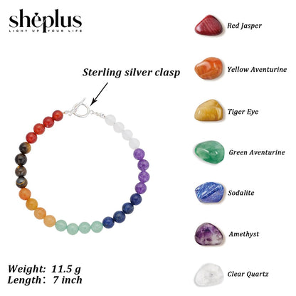 Sheplus Relaxation Gifts for Women - 7 Chakra Gemstone Bracelet for Women Men, Natural Crystal Beads with 925 Sterling Silver Toggle Clasp,Yoga Meditation Energy Jewelry