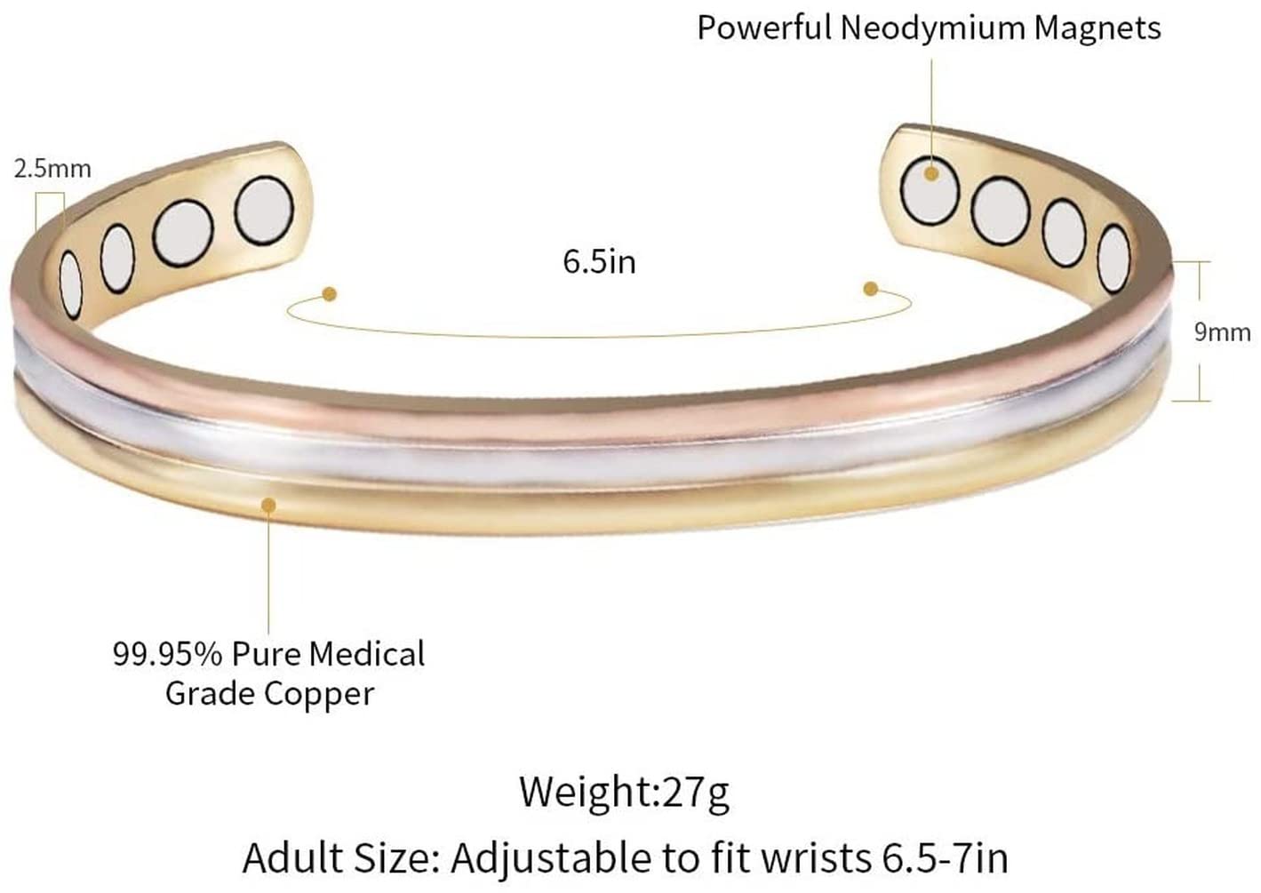 YINOX (CPB-0945SRG CPR-0013) Tri Tone Magnetic Copper Bracelet Ring Set for Arthritis for Women Health Jewelry
