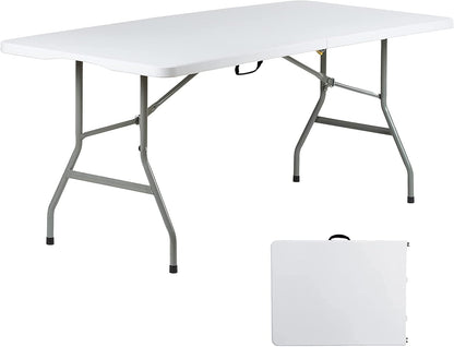 Go-Trio 6 Foot Folding Table 6ft Foldable Portable Plastic Tables for Party, Fold-in-Half Heavy Duty Table, 6’ Utility Dining Card Long Table, Indoor Outdoor Fold up for Picnic, Camping, White, Large