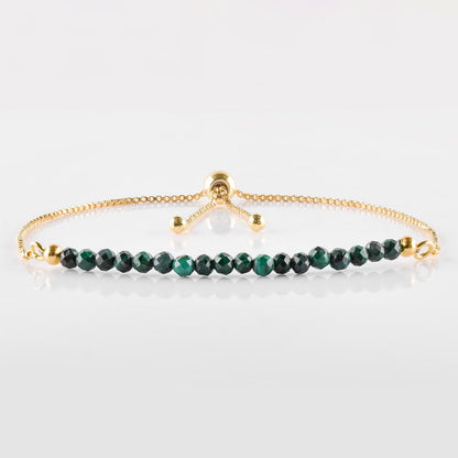 QNAVIC Natural Green Malachite Gemstone Micro Beaded Dainty Slider Bolo Bracelet, Handmade Jewelry for women, Healing Chakra Crystals Birthstone Gift for Her, 14K Gold Plated Chain 6-9 inch