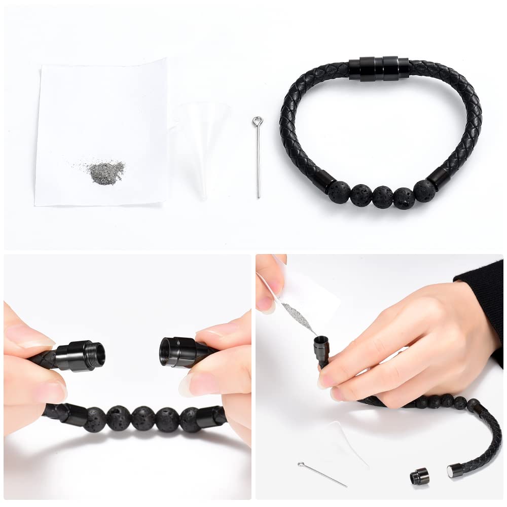 shajwo Cremation Jewelry Lava Stone Urn Bracelet for Ashes for Women Men Chakra Healing Balancing Genuine Leather Memorial Bracelets,Black