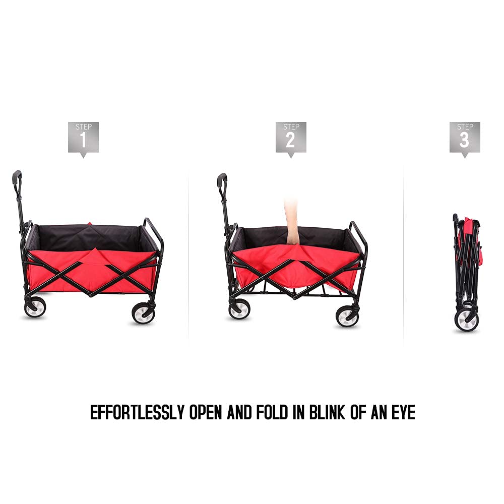 WHITSUNDAY Collapsible Folding Garden Outdoor Park Utility Wagon Picnic Camping Cart, Heavy Duty Foldable with Wheel and Bottle Holders Red