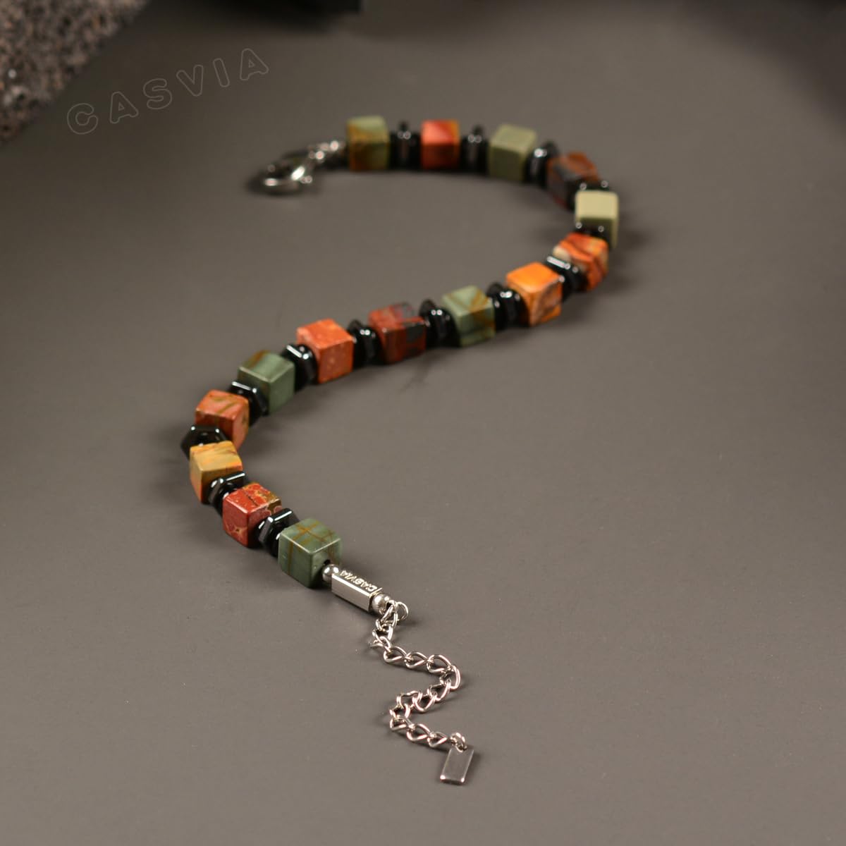 Casvia original beaded bracelets for men Picasso jasper mens bracelet with hematite and black onyx spacers stainless steel adjustable chain Handmade Viking style Great for yourself or friends