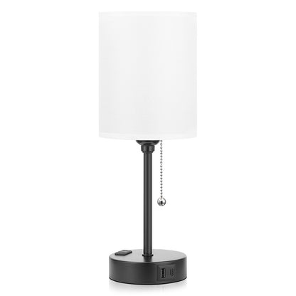 Small Bedside Table lamp for Bedroom - 3 Color Temperatures Bedside Lamps with USB C and A Ports, Pull Chain Table Lamps with AC Outlet, White Nightstand Lamps with Black Metal Base for Kids Reading