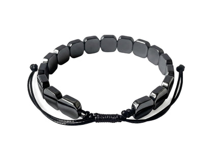 Jingming keji Adjustable Mens Hematite Bracelet 7.5-10.5" - Handwoven Waxed Polyester Cord, Natural Square Stone Beaded Wellness Jewelry with Gift Box
