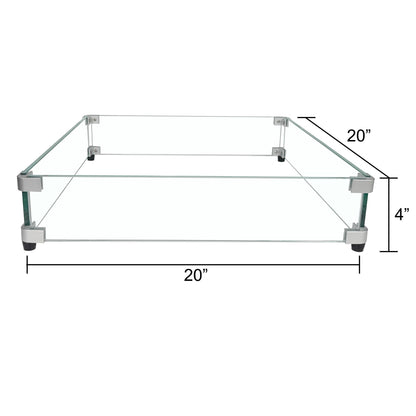 BOMINICA Glass Wind Guard for 28''&32" Fire Pit Table, 20 x 20 x 4 inch Clear Tempered Wind Guard for Gas Firepit, Thick Square Glass Shield with Aluminum Corner Bracket & Rubber Feet