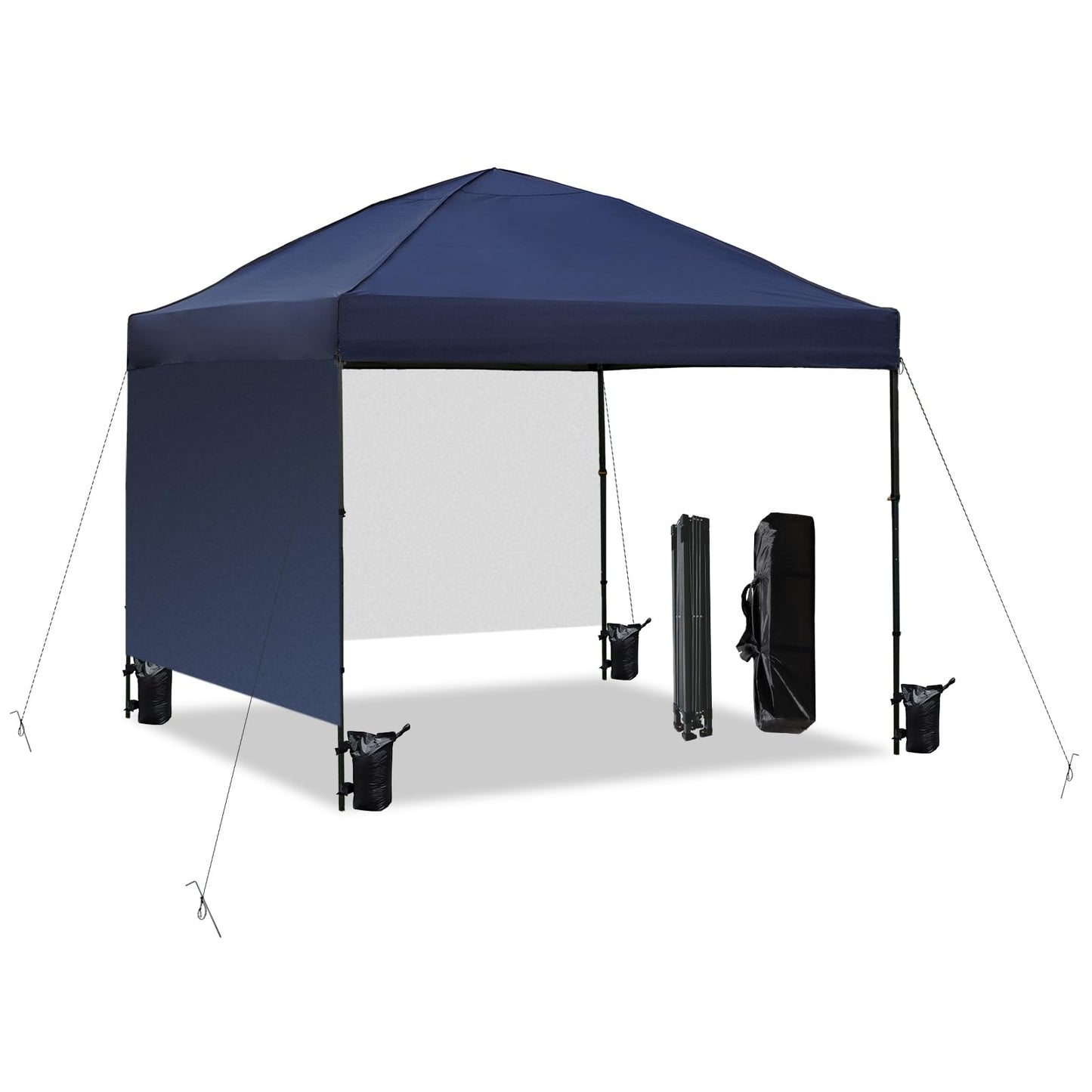 10x10 Pop Up Canopy Tent with 2 Sidewalls, Easy Up Canopy Upgraded Outdoor Party Sun Shade Tent Portable Gazebo for Beach Camping Events with Carry Bag and 4 Sand Bags (Navy Blue-New)