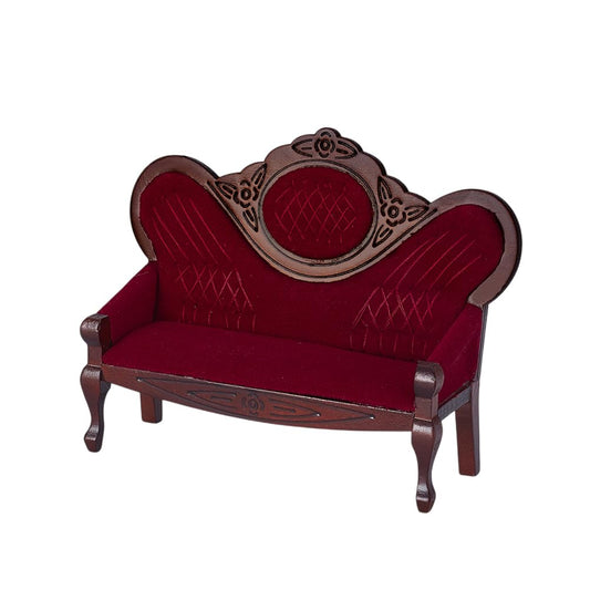 AHANDMAKER Dollhouse Furniture Miniature Accessories, 1/12 Scale Mini House Vintage Red Wooden Carved Sofa Bench Armchairs for Dollhouse Living Room Scene Simulation Craft Decoration Party