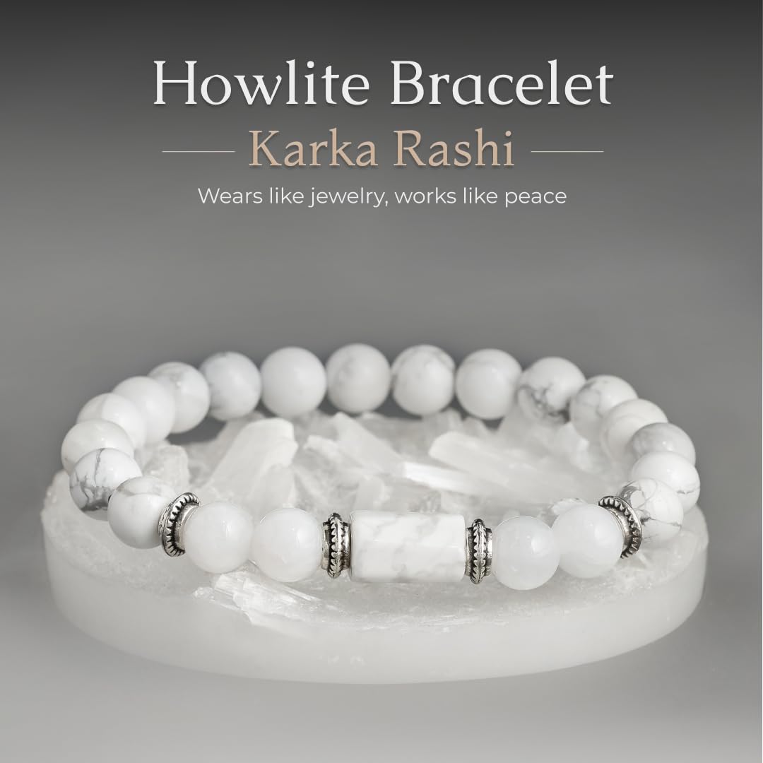Divine Hindu Howlite Crystal Bracelet | Karka Rashi (Cancer) Zodiac Stone | Certified Natural Healing Crystal | Chakra Balancing | Reiki | Meditation | Gift for Men & Women