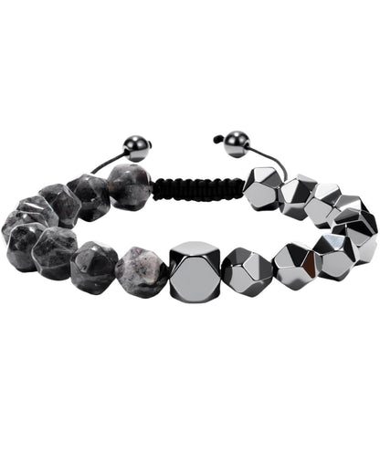 Beaded Bracelet for Men, 10mm Natural Stones Bracelet for Men's Gift, Adjustable Precision-Cut Gemstone Crystal Healing Bracelet, Protection Jewelry Gift with Hematite, Tiger Eye (Black Labradorite & Hematite)