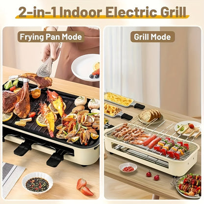 Smokeless Electric Grill, Frying And Grilling Electric Grill with Removable Non-stick Tray And Grill Rack, with 3 Mini Pans, Home Grill, Adjustable Temperature, Indoor Grilling, Kitchen Utensils, Stainless Steel