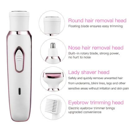 [4-in-1 Painless Razor for Women] 4-in-1 Rechargeable Electric Razor for Women - Face, Nose, Legs, Underarm, Bikini Trimmer - Wet & Dry, Painless Grooming Kit - Portable & Rechargeable