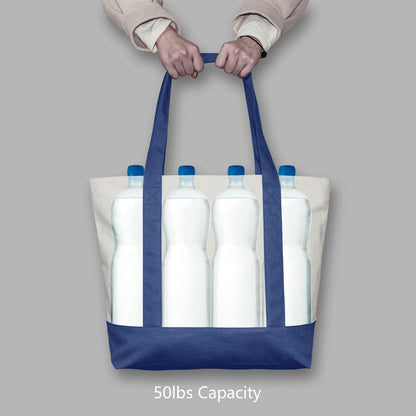 TOPDesign 1-Pack Canvas Tote Bag with an External Pocket, Reusable Grocery Shopping Bag, Top Zipper Closure, Daily Essentials (Blue/Natural)