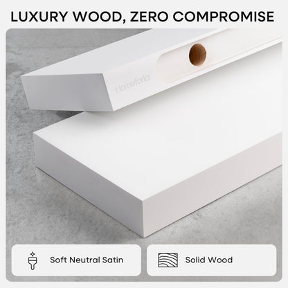 Homeforia White Floating Shelves 24 inch, High End Solid Real Wood 24inch Bathroom Floating Shelf for Wall Mounted, White Wooden 24in Floating Shelves, Heavy Duty Bracket, 24 X 6.5 X 1.75 in, Set of 2