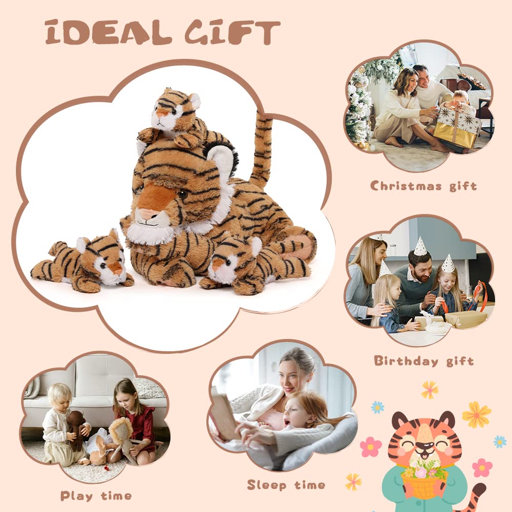 MaoGoLan 20" Tiger Stuffed Animals Set - Giant Stuffed Mommy Tiger with 3 Babies Plush Toy Birthday Gift for Kids Boys Girls - 4PCs Large Wild Zoo Stuffed Animal Plush Toy Christmas Baby Shower Decor