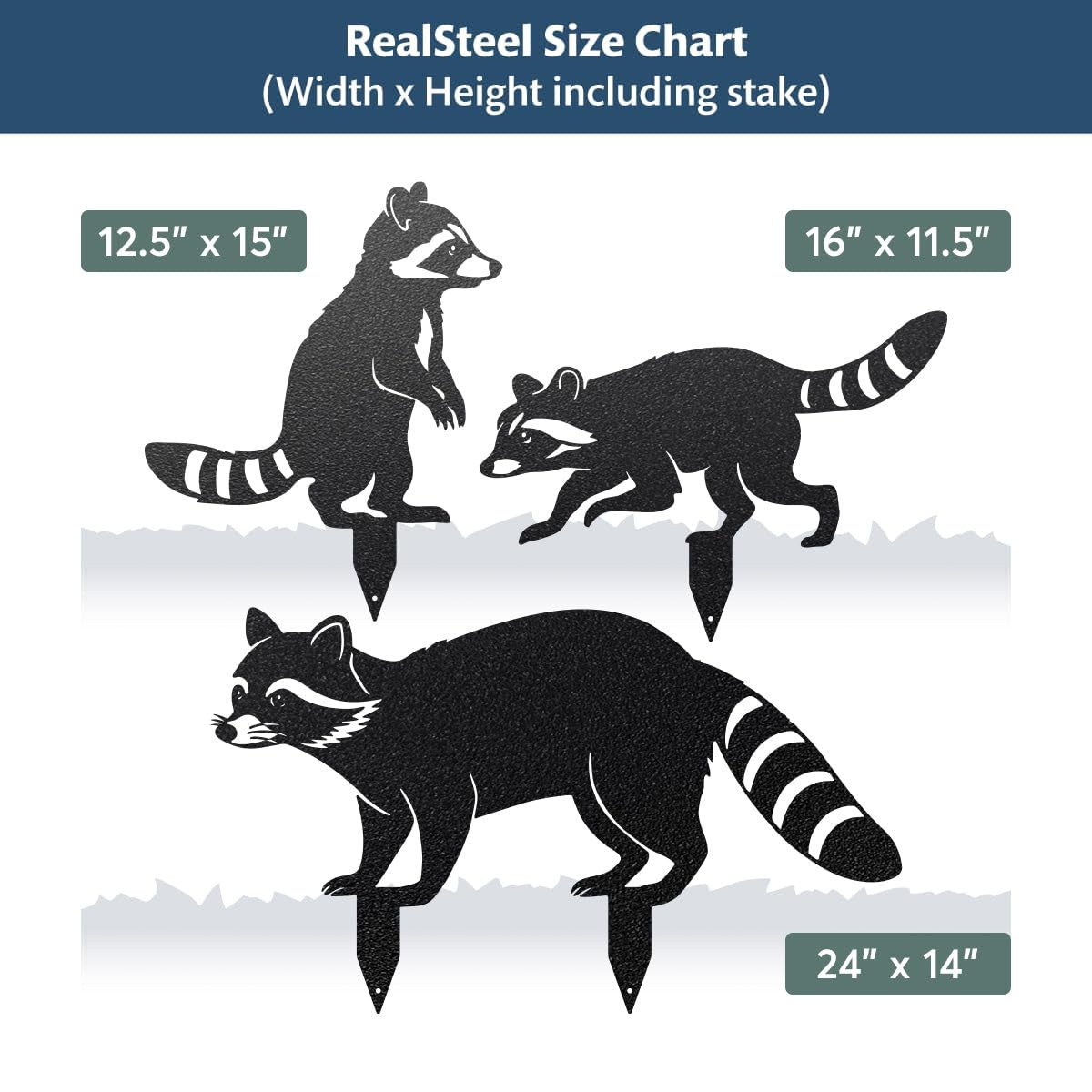 RealSteel - Garden Art Raccoon Family 3 Pack | Metal Yard Decor | Outdoor Garden Stakes | Wildlife Animal Decor | Custom Steel Art | Rust Resistant | Lawn Ornaments for Garden & Pathways (Rust)