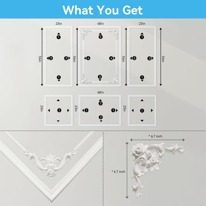 OUZUGIE 3 Set Wall Molding Kit with Flower Corner Pre-Cut Wainscoting Panels for Interior Wall Decor - Installed with Glue(Not Including) 3 Top 3 Bottom
