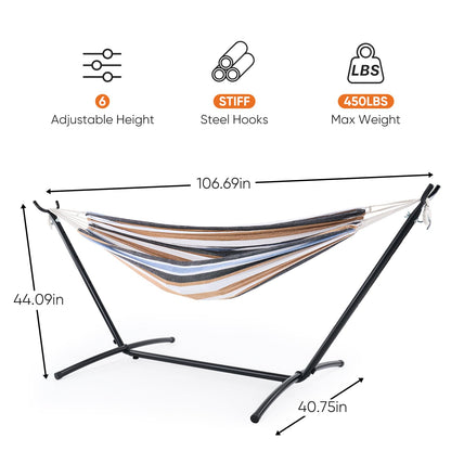 Sweetcrispy Double Hammock with Space Saving Steel Stand Heavy Duty 2 Person Standing Hammocks 450lb Capacity for Outside Garden Yard with Portable Carrying Bag, White