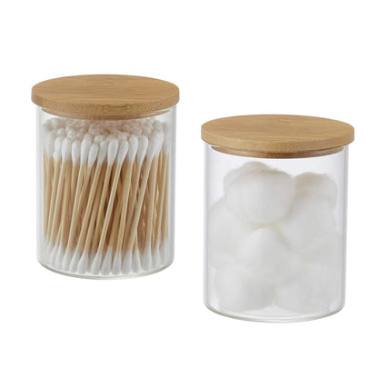 INIUNIK Glass Qtip Holder with Vanity Tray, Apothecary Jars Bathroom Accessories Bathroom Canisters Organizer Countertop Q Tip Holder for Cotton Ball Round Swab Pad Hair Ties Floss Perfume Jewelry