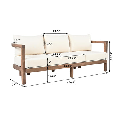 Merax 3 Seater Outdoor Acacia Wood Patio Sofa with Cushions for Porch, Garden, Backyard, Balcony, Brown wash, Beige Cushion