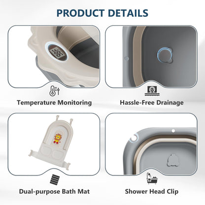 MoreFeel Foldable Baby Bathtub with Thermometer - 4-in-1 Grow-with-Me Collapsible Infant Tub (Newborn to Toddler) with Adjustable Mesh Sling - Space Saving Design