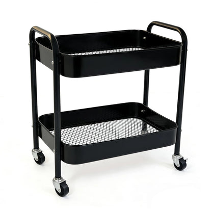 Ufriandz 2 Tier Metal Rolling Utility Cart with Wheels Under Desk Storage Cart with Handle, Roll Around Organizer Trolley for Small Space Pantry Bathroom Home Kitchen Office Snack Baby Supplies, Black