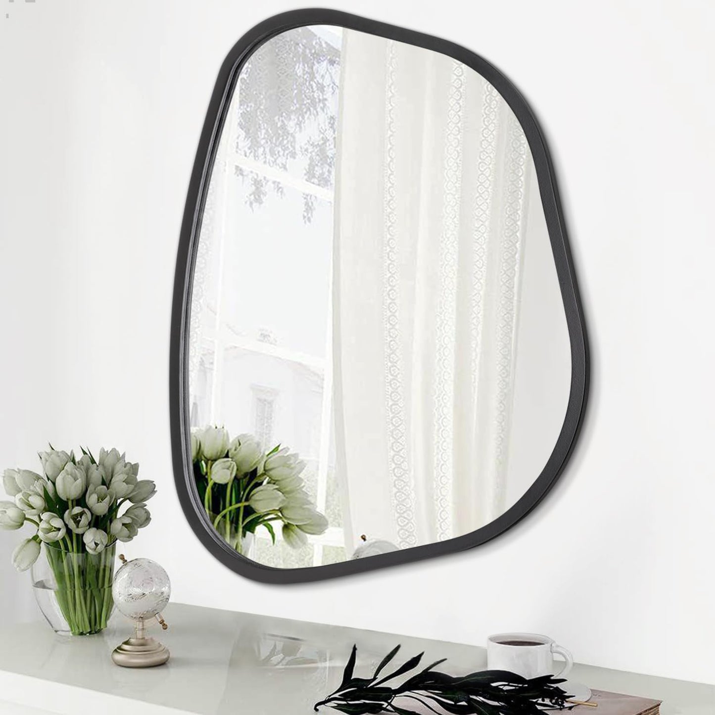 HLFMVWE Asymmetrical Mirror for Wall Irregular Oval Wood Frame Modern Unique Accent Wall Mirror Decorative Vanity Bathroom Living Room Bedroom Entryway Hallway Artistic Wavy Mirror Small 14"x10"