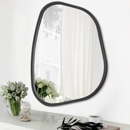 HLFMVWE Asymmetrical Mirror for Wall Irregular Oval Wood Frame Modern Unique Accent Wall Mirror Decorative Vanity Bathroom Living Room Bedroom Entryway Hallway Artistic Wavy Mirror Small 14"x10"