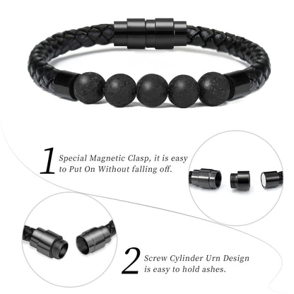 shajwo Cremation Jewelry Lava Stone Urn Bracelet for Ashes for Women Men Chakra Healing Balancing Genuine Leather Memorial Bracelets,Black