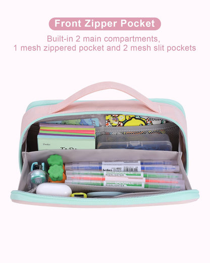 Amersun Large Capacity Pencil Case Pouch for Girl, Student, Women, Teen - Multi-Compartment, High Storage, Marker Pen Stationery Box Bag Organizer Holder for School College Office (Pink)