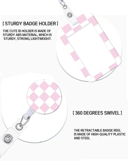ID Badge Holder with Retractable and Detachable Lanyard, Cute Badge Reel Breakaway Lanyard with Carabiner Clip for Women, Teachers, Nurses, Students, Perfect Work and Office(Pink Plaid)