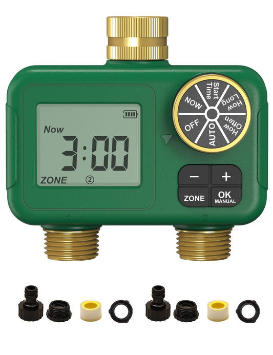 MOES 2 Zone Water Timer for Garden Hose, Heavy Duty Solid Brass Inlet & Outlets, Programmable Sprinkler Timer Battery Operated, Automatic Dual Faucet Valve with Sequential Watering (Non-WiFi)