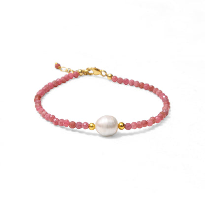 A&M Gems 2.5-3 mm Natural Rhodochrosite Round Faceted Beaded Bracelet with Pearl Crystal Jewelry, Brass Gold Plated Bracelet, 1-Inch Adjustable Chain, Handmade Bracelet, 7-Inch, Gifts for Women