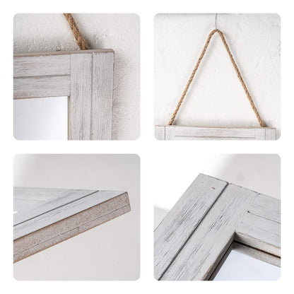 DECORKEY Rectangle Wall Mirror for Bathroom, Distressed White Wood Decor with Hanging Rope for Rustic Home Decor, Vanity, Living Room 12"×16"