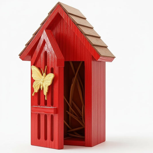 Shingle Roof Butterfly House for Outdoor, Insect House, Vintage Style Cedar Wood Bee House for Garden Outside, Open Door for Easy Cleaning Conservation.Shelter Hotel with Hooks for Hanging (Red)