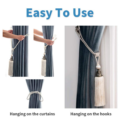 Melodieux Decorative Curtain Tiebacks Antique Tassels Holdbacks, Home Office Windows Drapery Fasteners Fringe Ropes, Set of 2 (White)