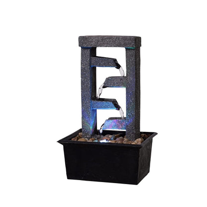 GOSSI 10" 4-Tier Tabletop Waterfall Fountain with Natural River Rocks, LED Lights, Resin Indoor Water Feature for Home Office Decor, Meditation Relaxation Gift