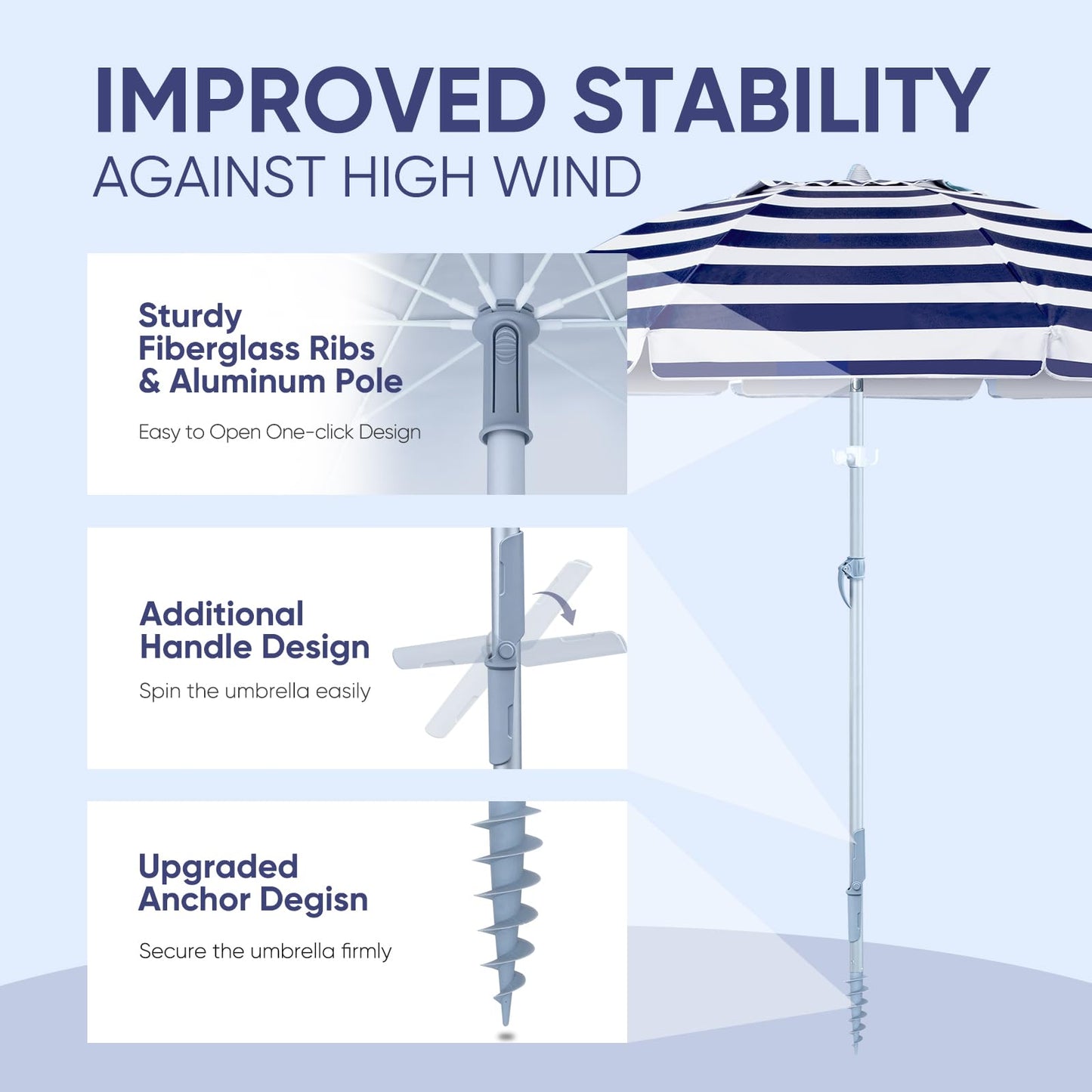 Tempera Heavy Duty High Wind Beach Umbrella with Sand Anchor & Carry Bag | Patio Outdoor Umbrella with Aluminum Frame and Push Button Tilt, Ideal for Garden Lawn, UPF 60+, Blue White Stripe