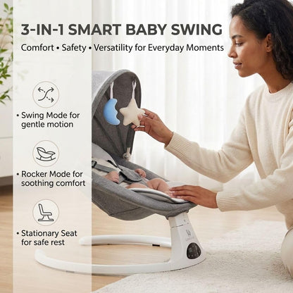 Baby Swing for Infants and Newborns, 3-in-1 Portable Infant Swing and Rocker Chair with Adjustable Motion, Music, 5-Point Harness, Lightweight Baby Seat for Indoor Use