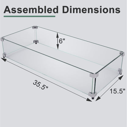 GASPRO 35.5 x 15.5 Inch Glass Wind Guard for Rectangular Fire Pit Table, Thick and Sturdy Tempered Glass Panel with Hard Aluminum Corner Bracket & Rubber Feet, Easy to Assemble