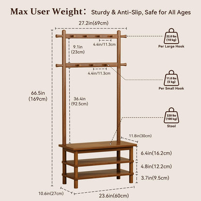 Wamhom Hall Tree, 3-in-1 Entryway Bench with Coat Rack, 11 Hooks and 2-Tier Hall Tree with Shoe Storage Bench, Solid Wood Coat Rack Freestanding, 27.2" Long