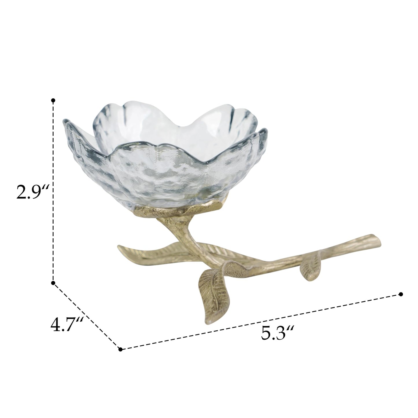 SOFFEE DESIGN Dark Glass Flower Jewelry Tray with Gold Metal Leaf Base, Jewelry Dish Ash Tray for Vanity Table, Moody Home Decor Accent