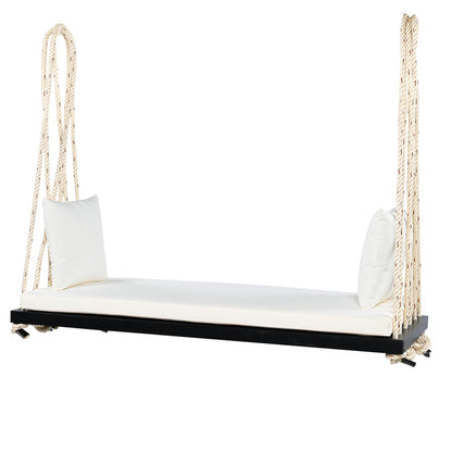 Merax Outdoor Patio Wooden Swing Chair, 2-Seat Hanging Porch Hammock Bench with Cushion & Pillows, 10.8Ft Hemp Ropes for Garden, Backyard, Lawn, Black