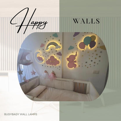 BugyBagy Nursery Wall Lamp Set – 3 Hand Painted Night Lights for Baby Room (Hot Air Balloon, Cloud, Elephant on Moon) + Bonus Wall Stickers – Soft Linen Colors Pink or Blue (Beige Theme 2)